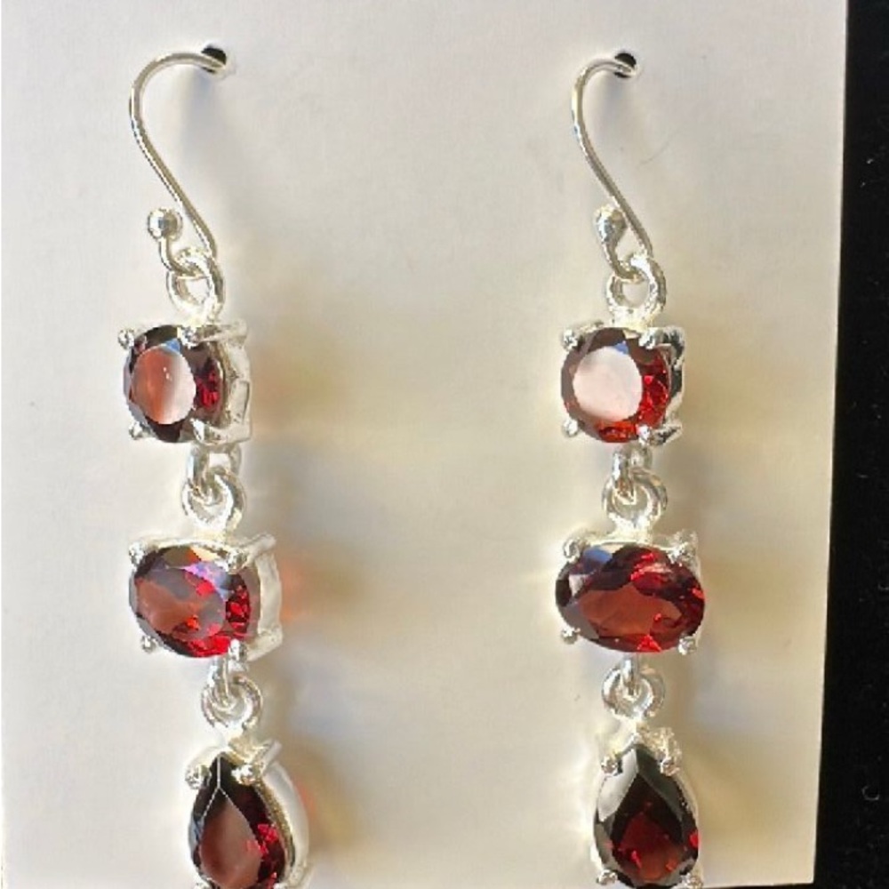 Sterling Silver Triple Garnet Dangle Earrings New